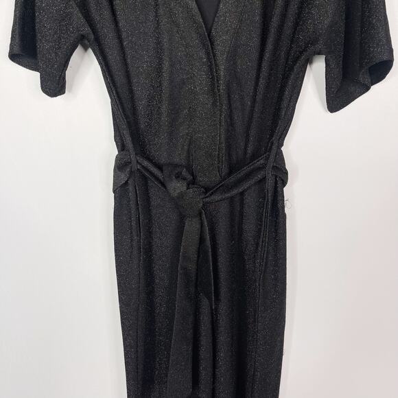 FRNCH Womens Small Black Alex Metallic Jumpsuit Tie Waist Faux Wrap Short Sleeve - Picture 4 of 13